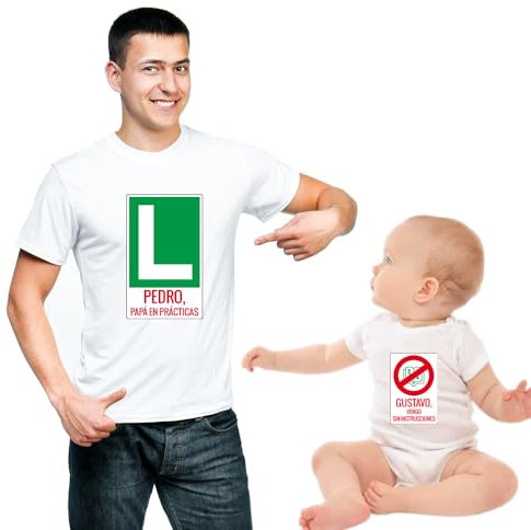 Calledelregalo Regalo Personalizable para Padres e Hijos: Pack de Camiseta y Body o Camiseta Infantil 'Padre Novato' Personalizadas con Sus Nombres
