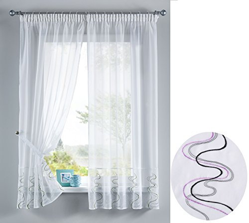 Welle Stickerei Gardinen Set 4 TLG. Raffhalter Tunneldurchzug Gardinenband für Gardinenschienen Lila HxB 150x90 cm, 112231