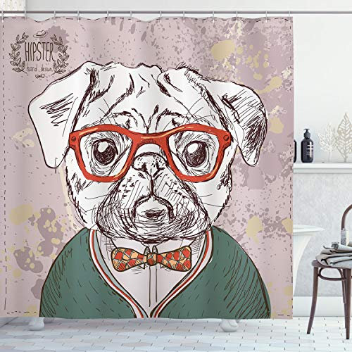 ABAKUHAUS Bunt Duschvorhang, Vintage Hipster Mops, Stoffliches Gewebe Badezimmerdekorationsset mit Haken, 175 x 200 cm, Lila Grün