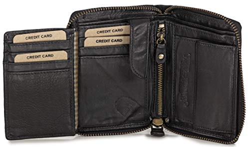 Ven Tomy Kleine Geldbörse Brieftasche für Damen und Herren Leder klein Vintage Schwarz