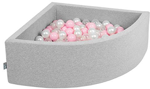 KiddyMoon 90X30cm/200 Bolas Piscina De Bolas ∅ 7Cm para Ninos Cuarto Angular Hecha En La UE, Grisclr:Rosa Clr/Perla/Transparente