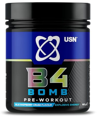 USN B4 Bomb Energy Drink Powder, Blue Raspberry - 180g, with Vitamin B12 & B6, Creatine, Caffeine & Zynamite for Stamina & Explosive Energy, Glucose Free, No Added Sugar, Quality Dietary Supplement