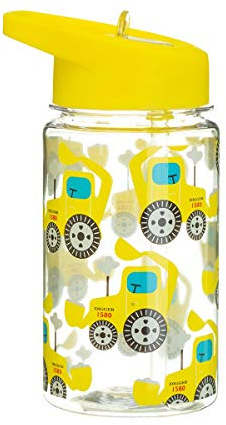 Sass & Belle Bouteille d'eau de 400 ml sans BPA réutilisable avec couvercle à paille pliable – Motif camion de chantier amusant – Passe au lave-vaisselle – Pour l'école et les voyages – Jaune