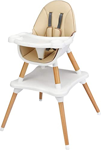 Maxmass 4 in 1 Baby High Chair, Toddler Booster Seats with Removable Tray, PU Cushion and Safety Strap, Convertible Infant Dining Chair and Table Set (Khaki)