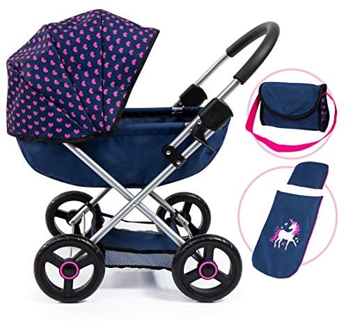 Bayer Design 12754AA Puppenwagen, zusammenklappbar, inklusive Tasche und Bettdecke, mit großen Reifen, modern, rosa, Einhornmotiv, blau Cosy, 46 cm