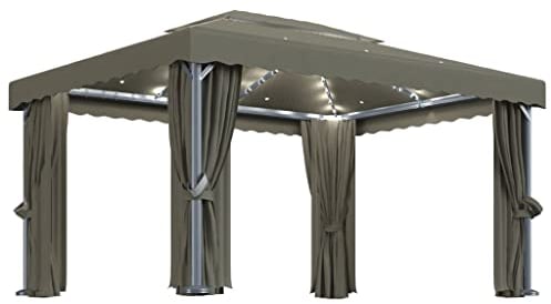 vidaXL Pavillon mit Vorhängen LED Lichterketten Gartenzelt Partyzelt Festzelt Gartenpavillon Bierzelt Garten Zelt Outdoor Terrasse 4x3m Taupe