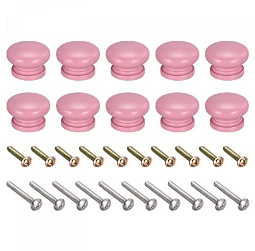 sourcing map Round Wood Knobs, 10pcs 33x23mm Pull Handles for Drawer with Screws Pink