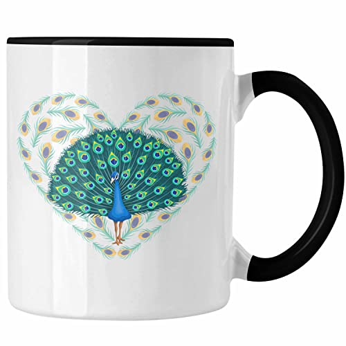 Trendation - Pfau Deko Tasse Geschenk Schöne Grafik Pfauen-Besitzer Geschenkidee Herz (Schwarz)