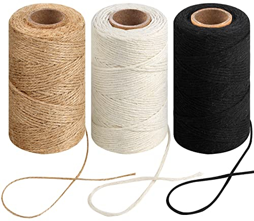 984 Ft Twine String, Natural Jute Twine, 2mm White Cotton Rope, 10ply Black Cotton for Crafts, Art, Gardening Plants, Gift Wrapping, Decoration, Packing String Bulk(3 Rolls)