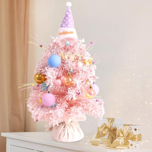 Mini-Weihnachtsbaum, 55,9 cm, künstlich, beflockt, weiß, Tisch-Weihnachtsbäume mit Weihnachtskugel-Ornamenten und Weihnachtsbaumspitzen-Dekoration für Zuhause, Büro, Schreibtisch, Urlaub,