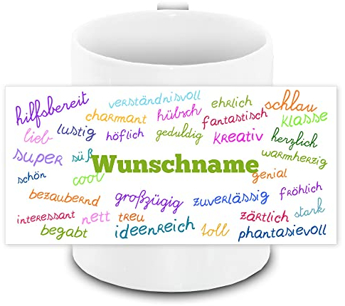 Tasse personalisiert mit Namen und Motiv Positive Eigenschaften mit grünem Text | Motiv-Tasse mit Wunschnamen | Kaffee-Becher weiß