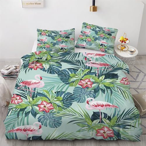 ROUSKI Bettwäsche Flamingo 135x200 cm 4teilig 100% Mikrofaser Kinderbettwäsche Blumen Blätter Wendebettwäsche mit Reißverschluss 3D Motiv Zimmer Dekor Bettwäsche-Sets mit 2 Kissenbezüge 80x80