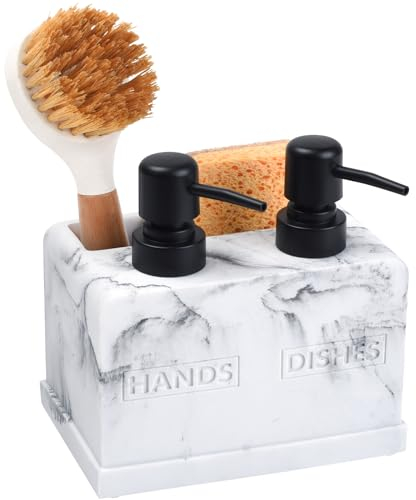 Hand and Dish Soap Dispenser Set, Dual Soap Dispenser with Sponge Caddy and Brush Holder 4-in-1 Countertop Organizer for Kitchen Bathroom, Useful Kitchen Gadgets - White Marble Look