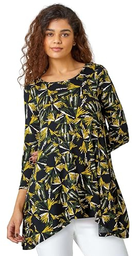 Roman Originals Floral Print Hanky Hem Stretch Top for Women UK - Ladies Everyday Holiday Spring Summer Round Neckline Comfy Soft Evening Vacation Work Party - Yellow Black - Size 10