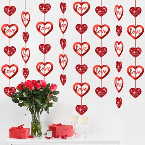 LANMOK 12 Stück Herzgirlande Rot Valentinstag Dekoration Herzen Banner Herz Deckenhänger Girlande Glitter aushöhlen Herzhänge Hintergrund Deko für Jubiläum Hochzeit Verlobung Geburtstag Party