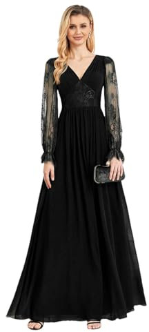 Elegant Long Sleeves Tulle Embroidery Evening Dress Women Chiffon Slit Bridesmaid Wedding Party Dress Black 3XL