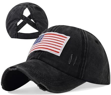 Baseballkappe, für Damen, überkreuzt, hoher Pferdeschwanz, verstellbar, hoher unordentlicher Dutt, Ponycap, Trucker-Hüte, A1, schwarze Flagge, Medium