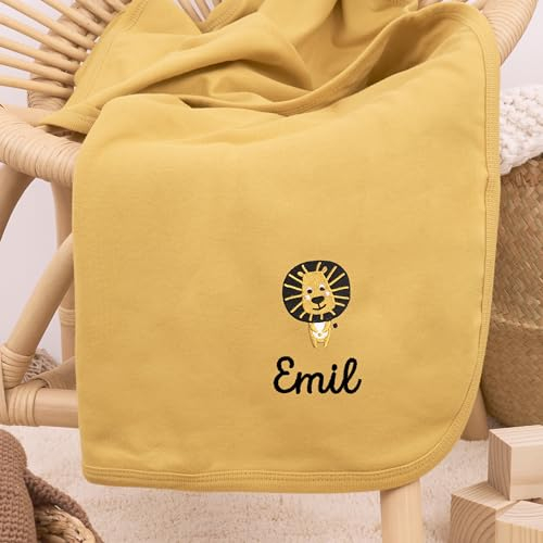 Personalisierte Babydecke (70x100cm) mit Namen und Motiv Bestickt aus 100% Baumwolle, Kuscheldecke Baby für Mädchen und Jungen (Senfgelb)
