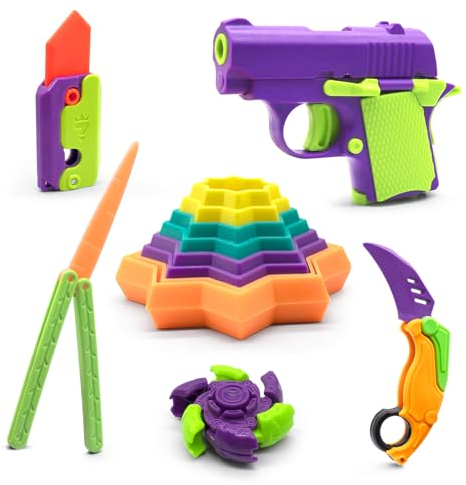 6pcs Anxiety Relief Sensory Toys, Fidget Gun Toy with Pistol Shaped Fidget Slider Plastic Carrot Knife Toy Claw Knife, Stress Relief Gun Fidget Toys for Kid Adult Present