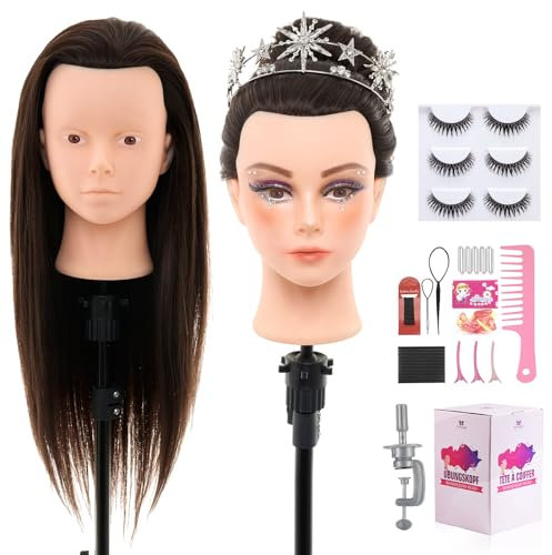 Neverland 71cm Frisierkopf Schminkkopf mit 60% Echthaar, Puppenkopf zum Frisieren Übungskopf Trainingsköpfe für Friseure mit Haare Zubehör, Wimpern und Tisch Halter(Dunkel Braun)