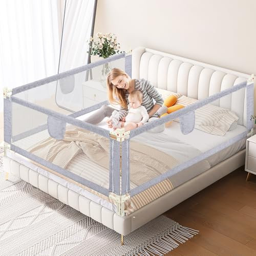 Ikodm Bettgitter Rausfallschutz 200cm Bettschutzgitter Kinderbettgitter, Kinderbettschutzgitter für Kinder & Elternbetten, Höhenverstellbar 64-96cm mit Luftiges Netz, Stabile, Grau, 2 Stück