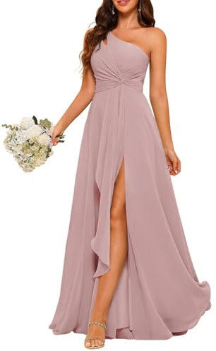 HPPEE Robe de demoiselle d'honneur asymétrique en mousseline de soie avec longue robe plissée pour femme, vieux rose, 38