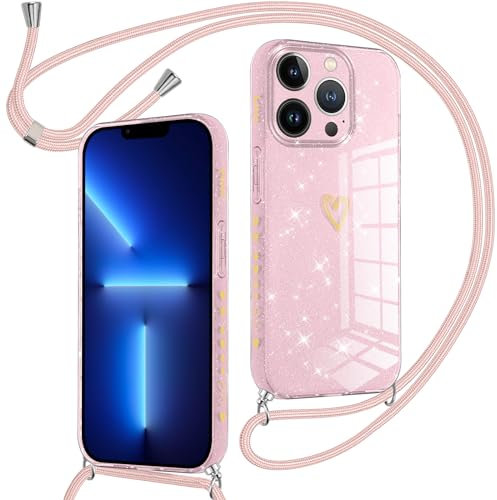 Oelrstfe Funda Glitter para iPhone 16 Pro con Cuerda,Carcasa Silicona Suave con Patrón de Corazón con Correa Cordón Colgante Collar,Antigolpes Anti-Arañazos Cuello Purpurina Protectora Case,Rosa