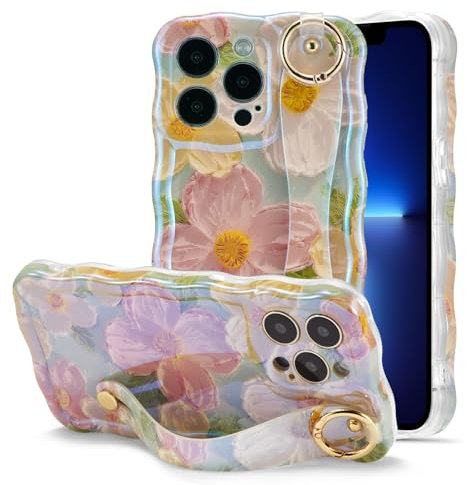 QLTYPRI for iPhone 15 Pro Max Case with Strap, Laser Colorful Oil Painting Flower Pattern Cute Curly Wave Frame Exquisite Phone Case for Girls Women, Shockproof Protective Phone Cover- Green