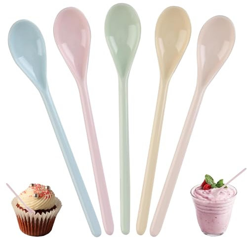 5 Stück Plastik Löffel mit Anti-Tropfen Langer Griff, Bunte Kunststoff für Getränke, Eier, Eis und Joghurt
