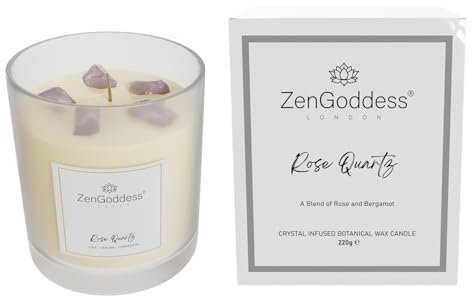ZenGoddess London Crystal Candle, Rose and Bergamot Scented Candle, Luxury Fragranced Candle, Soy Wax, Long Burning: 40 Hours Burn time, Gifts for Women (Rose Quartz)