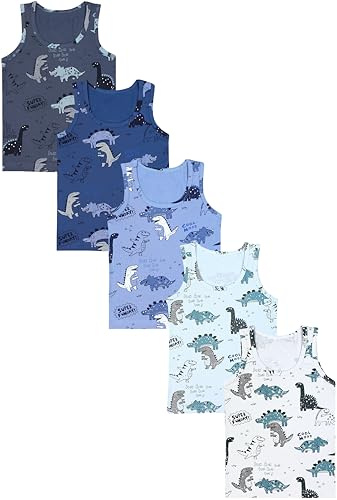 TupTam Unterhemden Jungen – 5er Pack Ärmellose Kinder Unterhemden, Baumwolle, Bequem & Atmungsaktiv, Farbe: 5er Pack Dino Blau Beige Grau, Größe: 92-98