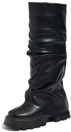 Tasteall Slouchy Boots für Damen, Plateau, kniehoch, umklappbar, breite Wade, gerüscht, Haifischstiefel