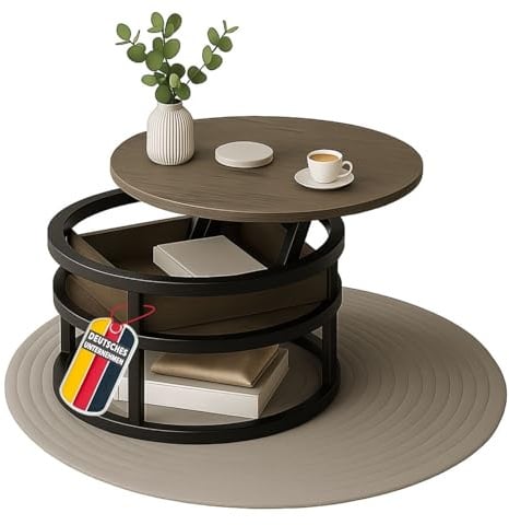 Coemo Couchtisch Swing, Grau, verstellbare Tischplatte, verdecktes Fach | Metall & Holz, Beistelltisch für Wohnzimmer, Sofatisch rund mit Stauraum, Metalltisch modern, Tisch für die Couch