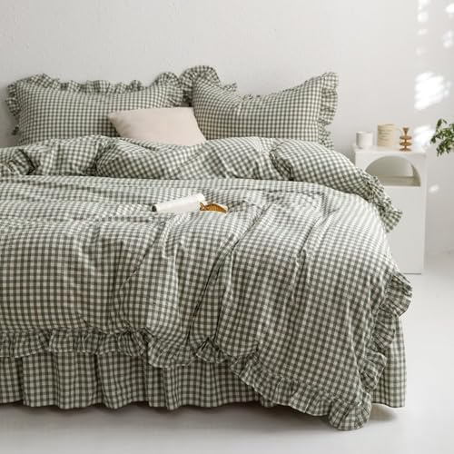 mixinni Grünes Rüschen-Bettwäsche-Set für King-Size-Betten, 100% Gewaschene Baumwolle, Vintage-Karo-Rüschen-Bettwäsche-Set mit Reißverschlüssen, weiches Kariertes Gitter