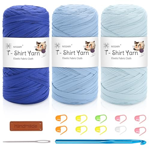 Nissary 3 Stück à 200g T-Shirt-Garn für Häkeln - Dicke Wolle zum Häkeln Crochet Yarn inklusive 10mm Häkelnadel & Zubehör - Ideal für DIY-Taschen, Kissen, Chunky-Decken & Home-Decor-Projekte