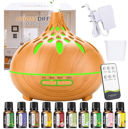 Aroma Diffuser für Duftöle 500ml,Luftbefeuchter Aromatherapie öle Diffusor mit 10 ölen,Aromatherapie-Diffuser,Wenig Lärm mit Fernbedienung für Schlafzimmer, Büro, Spa