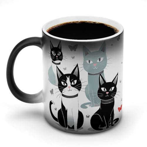 WAFICAC Tasse à café thermosensible avec motif chats noirs et blancs amusants, avec poignée, en céramique, personnalisable, pour homme et femme, 325 ml