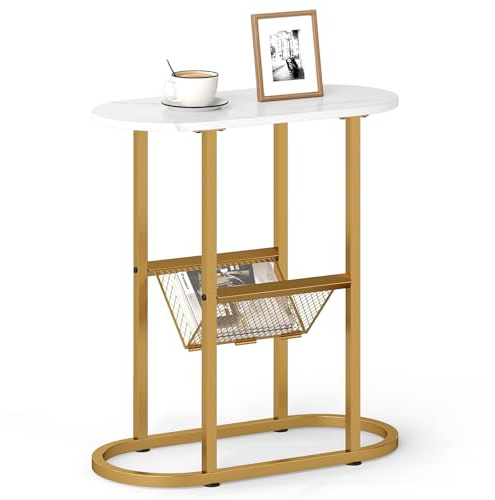 Multigot Narrow Side Table, 2-Tier Oval Sofa End Table with Mesh Magazine Holder, Slim Nightstand Bedside Accent Snack Coffee Tea Table for Home Office Bedroom Living Room (Marble White + Gold)