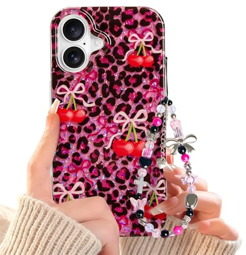 xoniery for iPhone 16 Case with Cute Bowknot Cherry Leopard Pattern Aesthetic Case for Women Girl Soft TPU Shockproof Protective Glitter Shiny Phone Cover Girly + Chain - Hot Pink