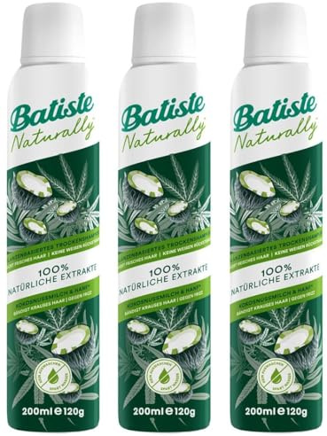 3x Batiste Trockenshampoo Naturally Kokosnussmilch & Hanf,Trockenshampoo zum Auffrischen und Stylen von krausem Haar,ohne Ausspülen,Haarstyling vegan,mit 100% natürlichen Extrakten 200ml (3er Pack)