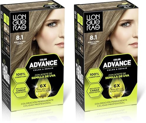 Llongueras Color Advance Tinte Pelo Mujer Coloración Permanente 100% Cobertura Incluso En Canas Resistentes - Tono 8.1 Rubio Claro Ceniza (Paquete de 2)