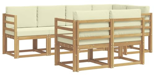 vidaXL Outdoor-Sofagarnitur mit Kissen 7 pcs Weiß und Creme Polyester, Stylisches Outdoor-Sofa-Set, Moderne Gartenmöbel, wetterfestes Akazienholz, modulares Sitzen für Terrasse und Lounge