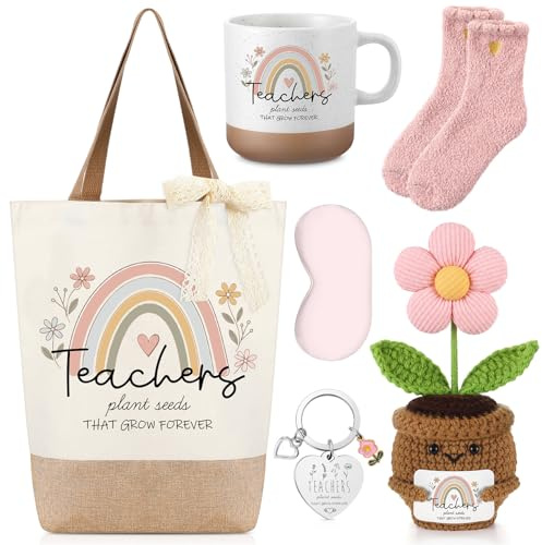 Hestya 7 Pcs Teacher Appreciation Gift Set Thank You Teacher Gift Tote Bag Coffee Mug Flower Pot Knitted Doll Keychain Coral Velvet Socks Sleep Mask for Teachers Nursery Graduation Teaching Assistant