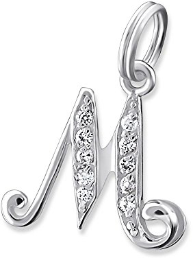 Bungsa Buchstabe M Halsketten-Anhänger Buchstaben 925 Sterling Silber mit Kristallen - Kleiner Buchstabe M Charm für Bettel-Armband - für Damen, Kinder & Herren - Silberner Letter M