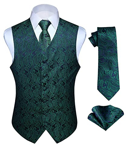 Hisdern Manner Paisley Floral Jacquard Weste & Krawatte und Einstecktuch Weste Anzug Set, Green & Purple, Gr.-XS (Brust 39 Zoll)