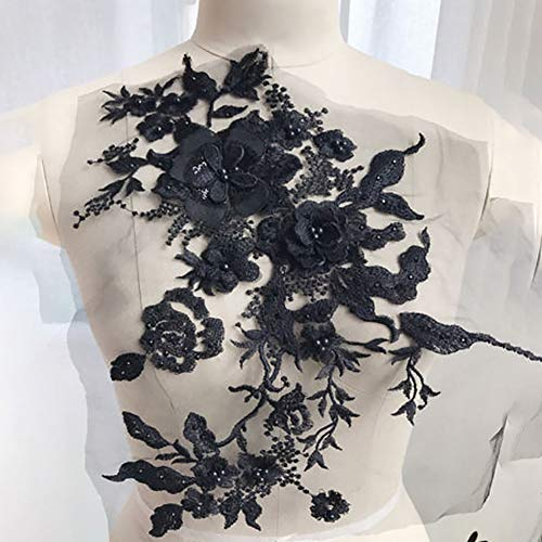 QLING 3D Stickerei Perlen Spitze Applikation Blumen Strass Tüll Besatz Besetzter Stoff für DIY Ausschnitt Hochzeit Brautkleid Kleidung Stickerei Dekoration, nicht null, Schwarz , Free Size