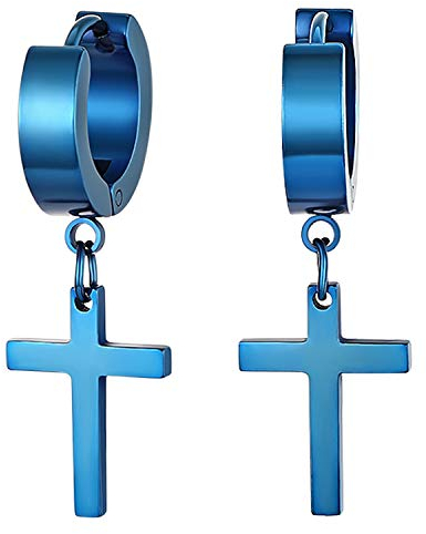 Flongo Acier Inoxydable Clou d'oreille Boucle d'Oreille Clou d'Oreille Bleu Ronde Croix Pendentif Rétro Homme Femme