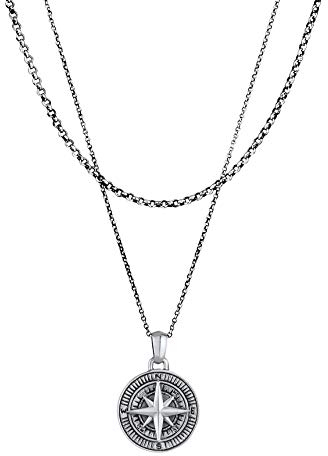 Kuzzoi Herren Silber-Halskette Layer Look mit Kompass Anhänger (25 mm), Halskette für den Mann in 925 Sterling Silber oxidiert, Layer Kette maritim, Herrenkette mit Anhänger handgearbeitet