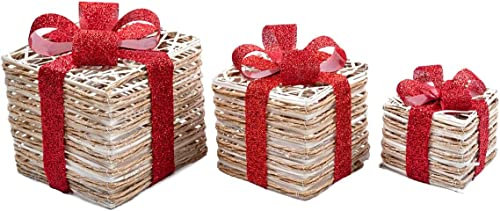 SHATCHI Juego de 3 paquetes de Navidad con luces LED de brillo de sisal/ratán, regalo de Navidad, decoración para el hogar de vacaciones, decoración novedosa – dorado, rojo, crema