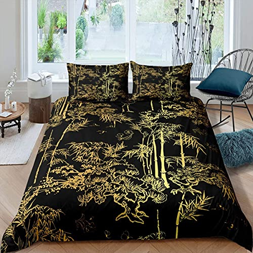 Loussiesd Luxus Schwarz Gold Bettwäsche Bambus Bettbezug für Mann Frau Senior Schlafzimmer, orientalische botanische Bettbezug orientalische Geschenk Bettwäsche 135x200cm Fashion Decor 2 Stück
